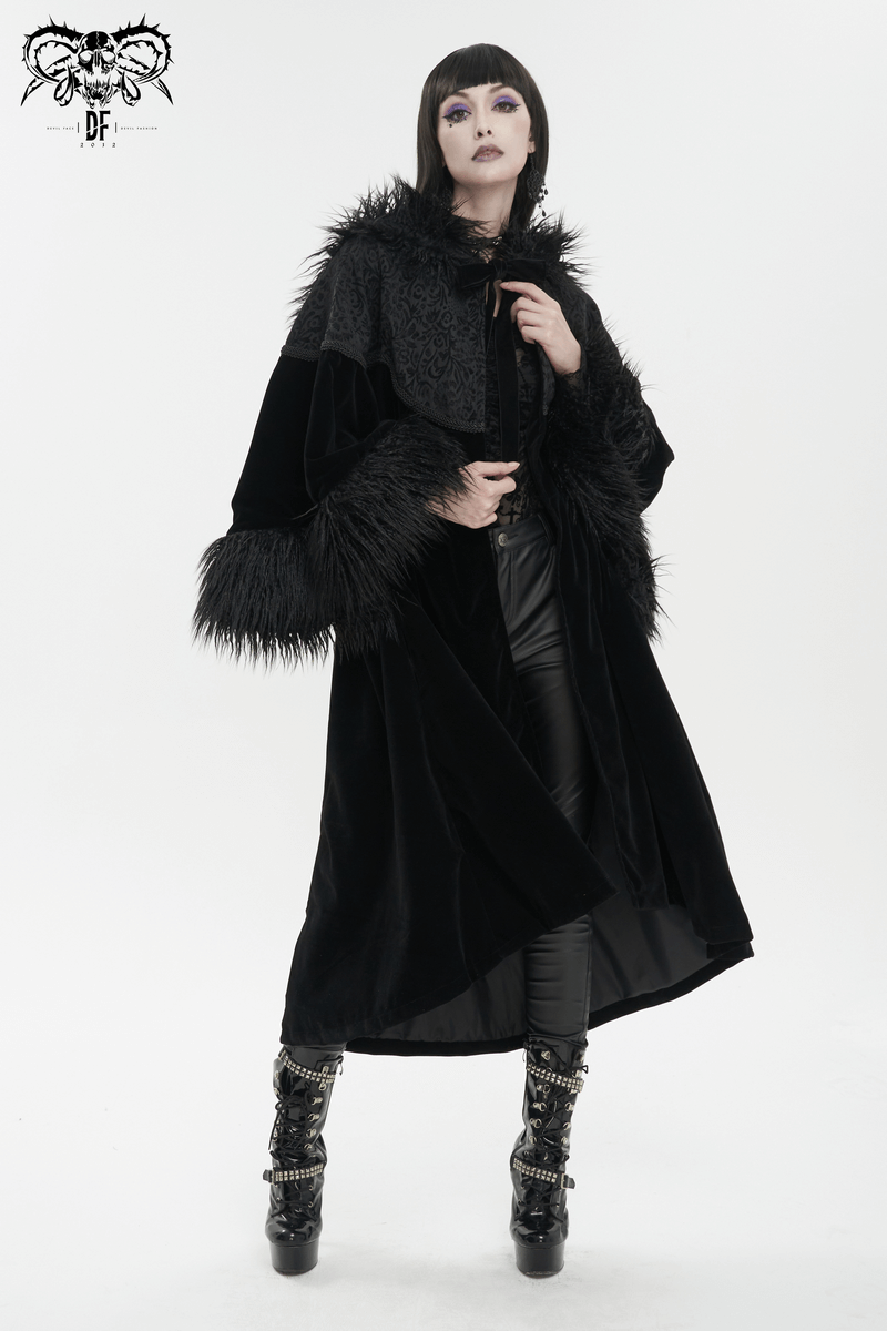 Gothic Velvet Long Cape with Fur Hood / Fashion Wide Sleeves Warm Cape