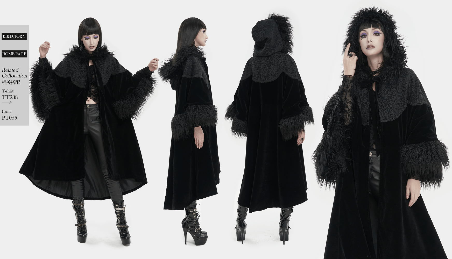Gothic velvet long cape with fur hood displayed from multiple angles, showcasing wide sleeves and elegant style.