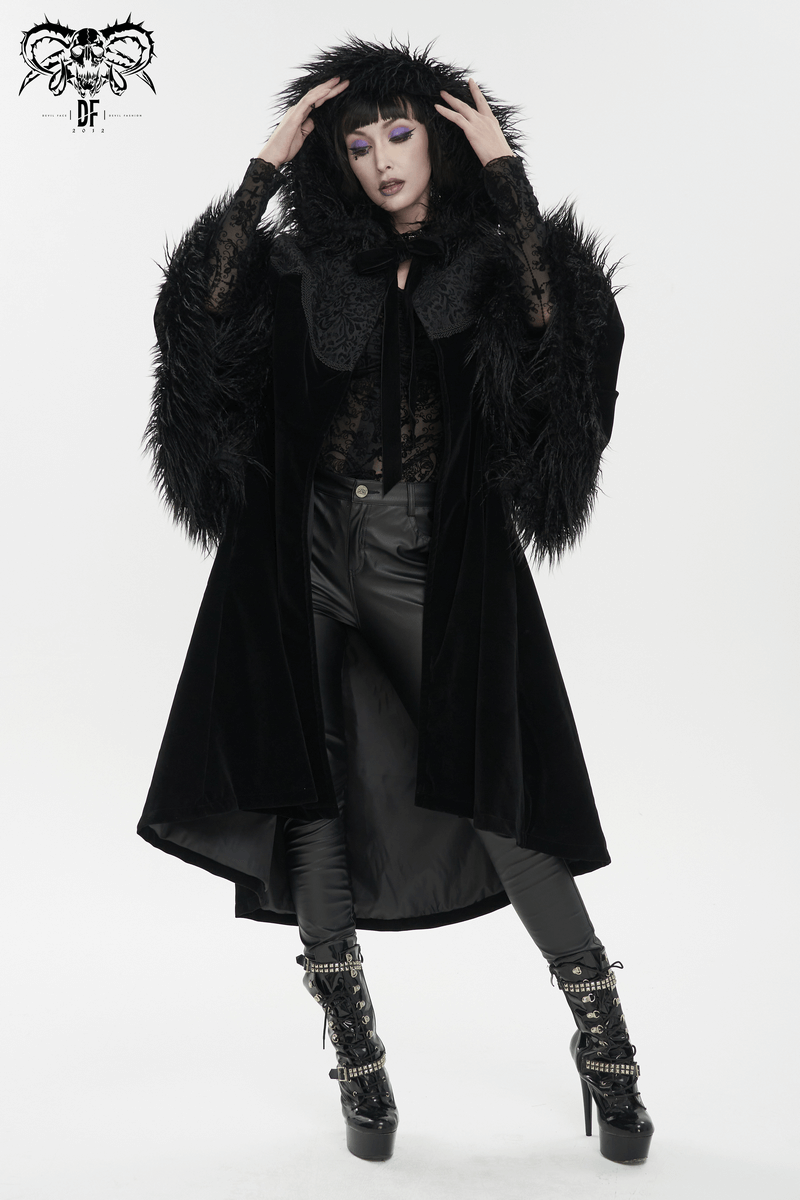 Gothic Velvet Long Cape with Fur Hood / Fashion Wide Sleeves Warm Cape