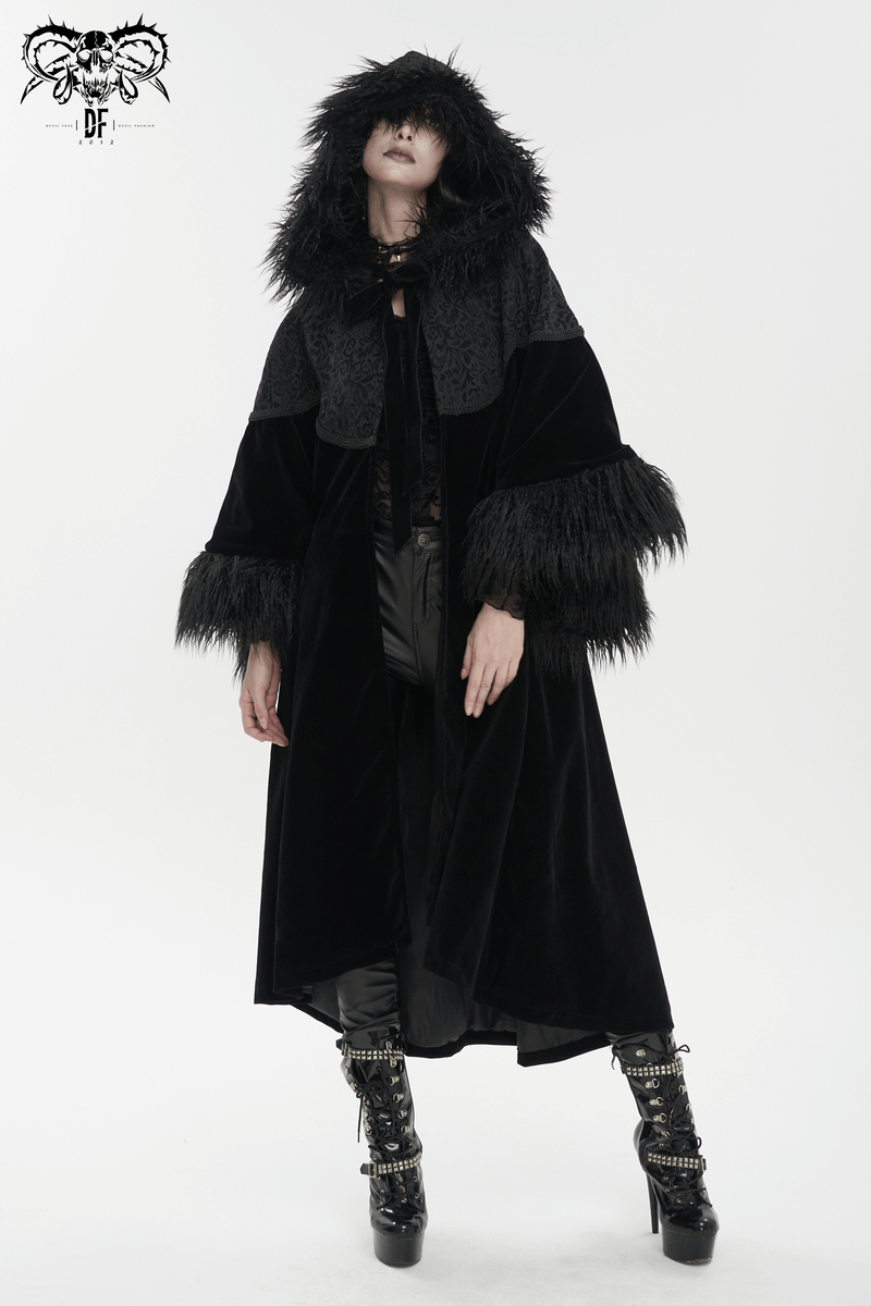 Gothic velvet long cape with fur hood and wide sleeves, perfect for a stylish, warm gothic outfit.