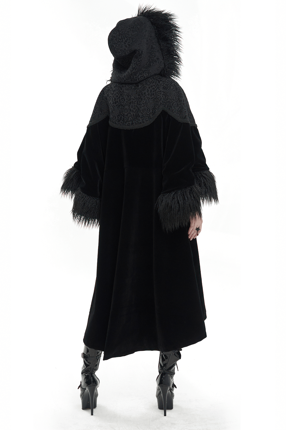 Back view of Gothic velvet long cape with fur hood, showcasing luxurious fabric and stylish wide sleeves.