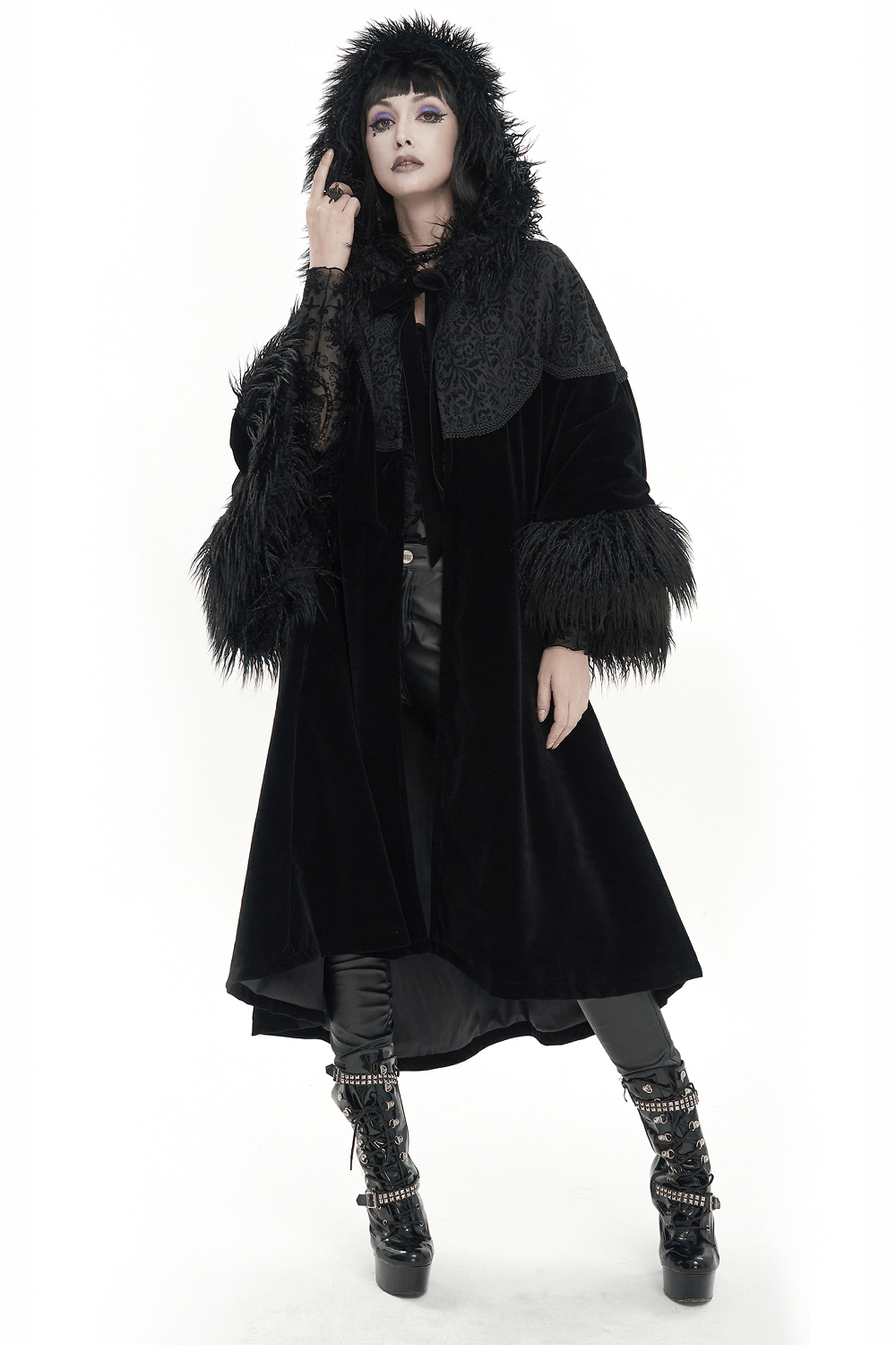 Gothic velvet long cape with fur hood and wide sleeves, perfect for stylish winter outfits.