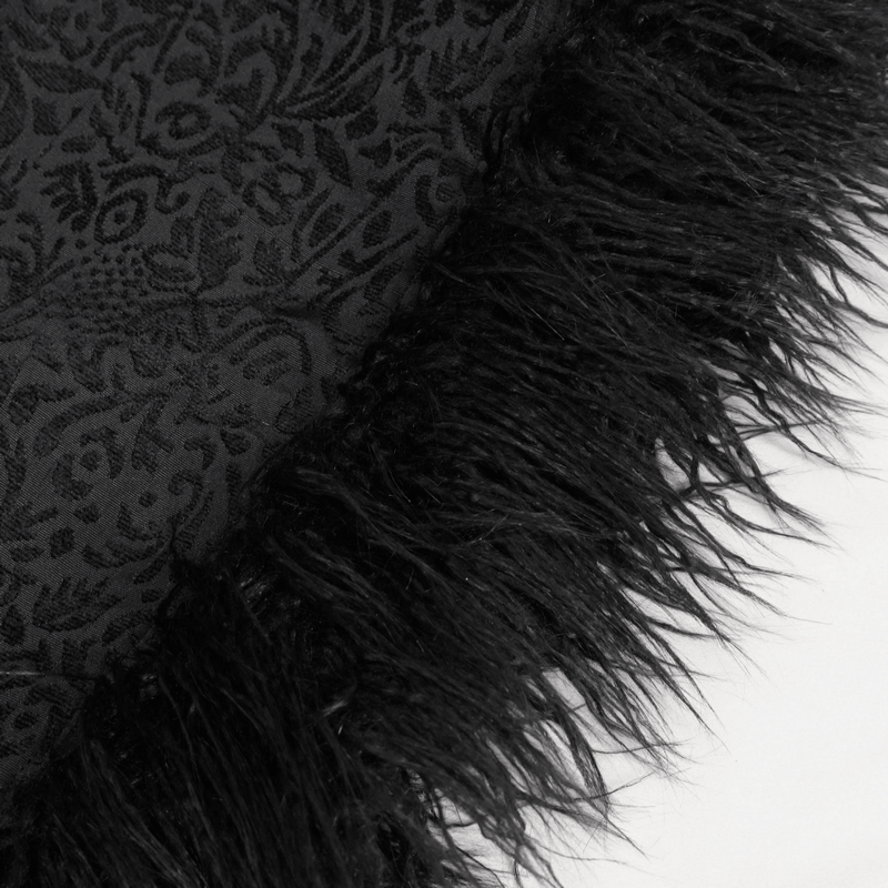 Close-up of gothic velvet fabric with plush fur trim, showcasing rich textures for a stylish long cape.