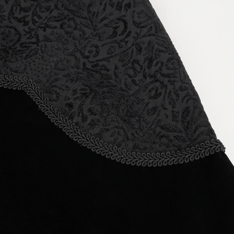 Close-up of gothic velvet fabric with intricate pattern and decorative trim, perfect for a stylish cape.