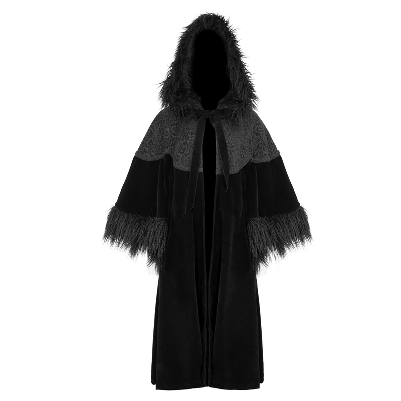 Gothic velvet long cape with fur hood and wide sleeves, perfect for a stylish and warm outerwear choice.