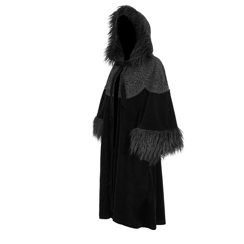 Gothic velvet long cape with fur hood and wide sleeves, perfect for adding style to your gothic wardrobe.