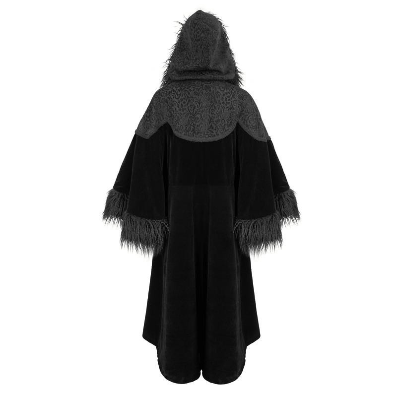 Gothic velvet long cape with fur hood, featuring wide sleeves and intricate designs, perfect for a stylish gothic wardrobe.
