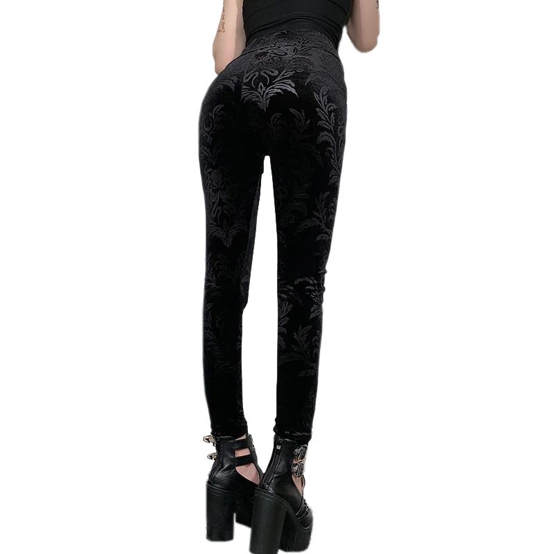 Gothic Velvet Sexy Black Pants / Vintage Women's Slim High Waist Pants With Tie Flowers - HARD'N'HEAVY