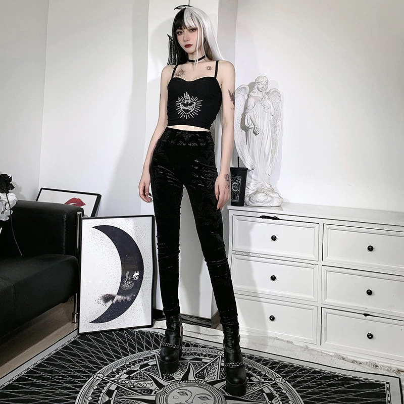 Gothic Velvet Sexy Black Pants / Vintage Women's Slim High Waist Pants With Tie Flowers - HARD'N'HEAVY