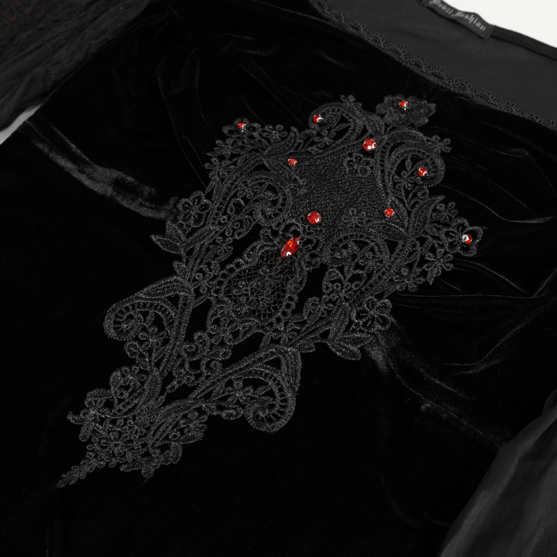 Gothic black velvet top with intricate lace appliqué and red gem accents, perfect for vintage-inspired outfits.