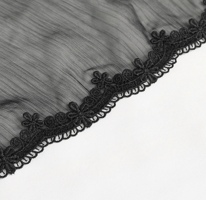 Close-up of vintage black lace trim on sheer fabric, perfect for gothic and elegant designs.