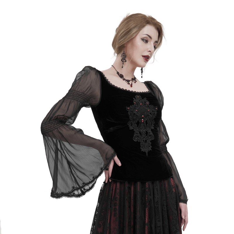 Gothic Velvet Top with Transparent Long Sleeves / Vintage Lace Appliqued Black Top