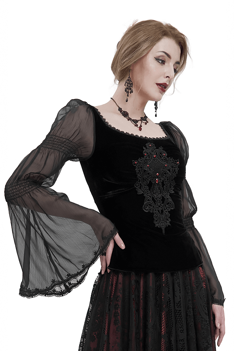Gothic black velvet top with transparent long sleeves and intricate lace appliqué detail, perfect for vintage-inspired outfits.