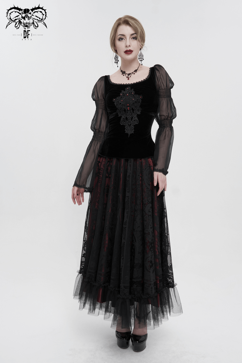 Gothic velvet top with transparent sleeves and lace design, perfect for vintage-inspired gothic fashion.