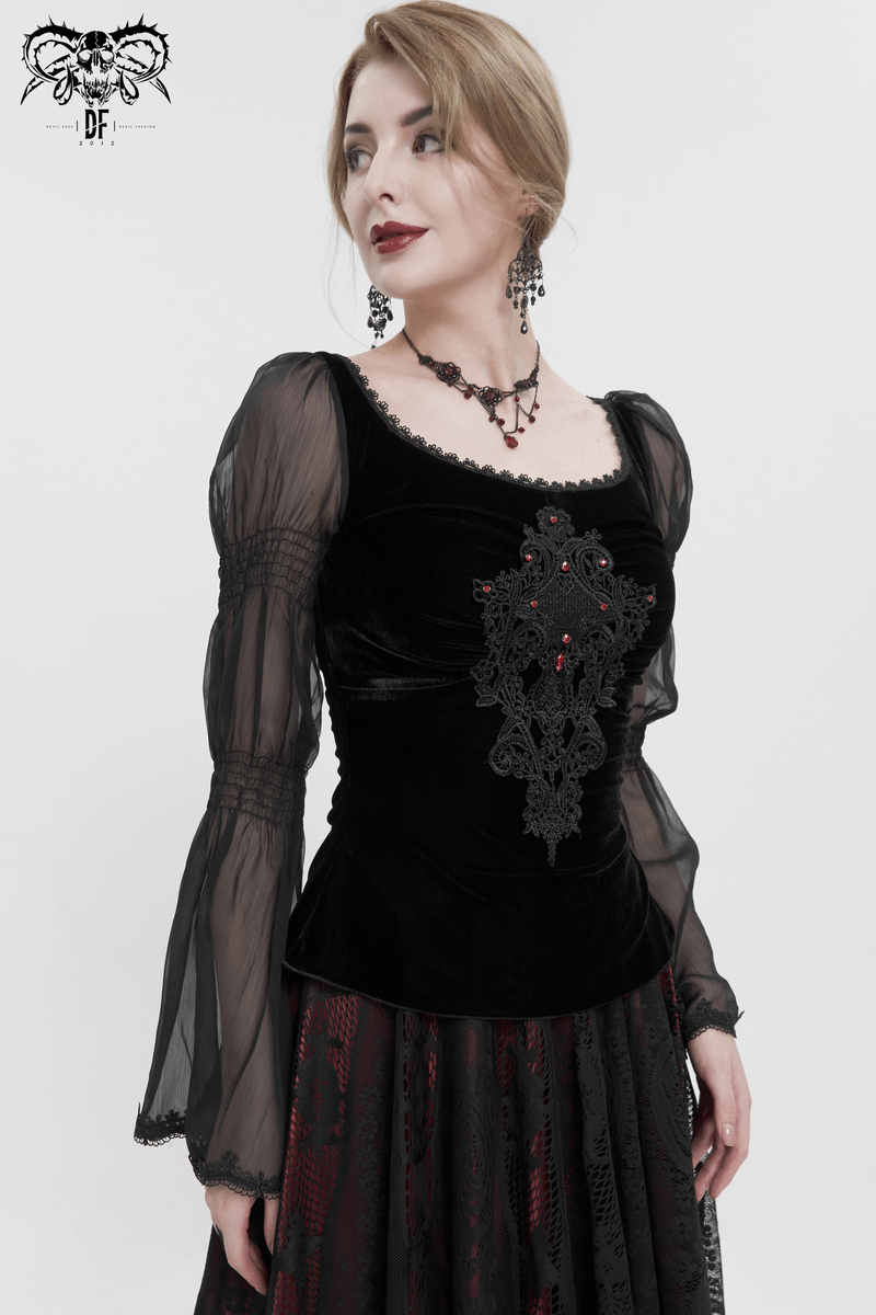 Gothic Velvet Top with Transparent Long Sleeves / Vintage Lace Appliqued Black Top