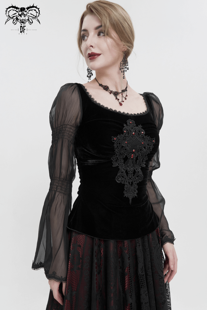 Elegant black velvet gothic top with transparent long sleeves and intricate lace appliqué detail.