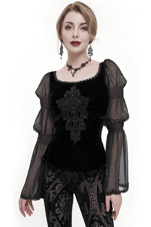 Gothic Velvet Top with Transparent Long Sleeves / Vintage Lace Appliqued Black Top