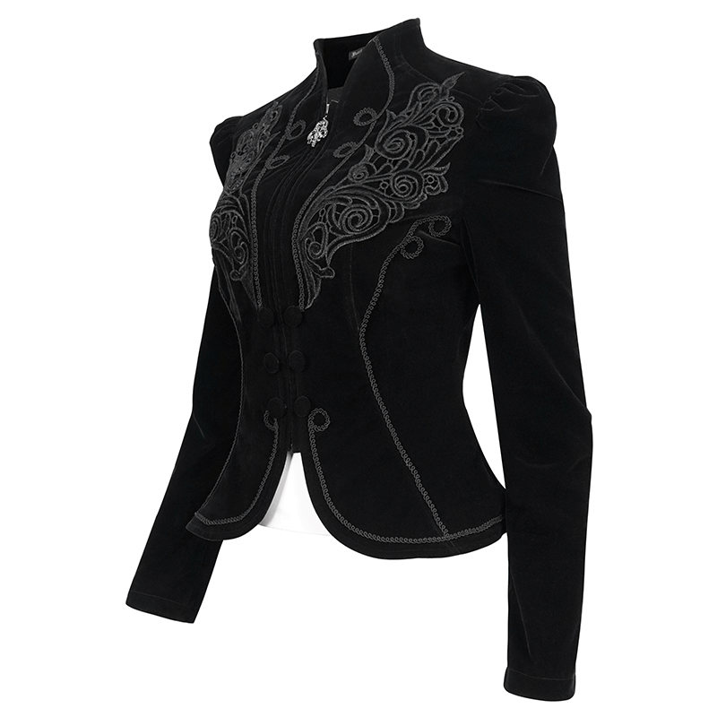 Gothic Velvet Zipper Black Jacket for Women / Vintage Jacket with Lace Applique and Decorative Buttons