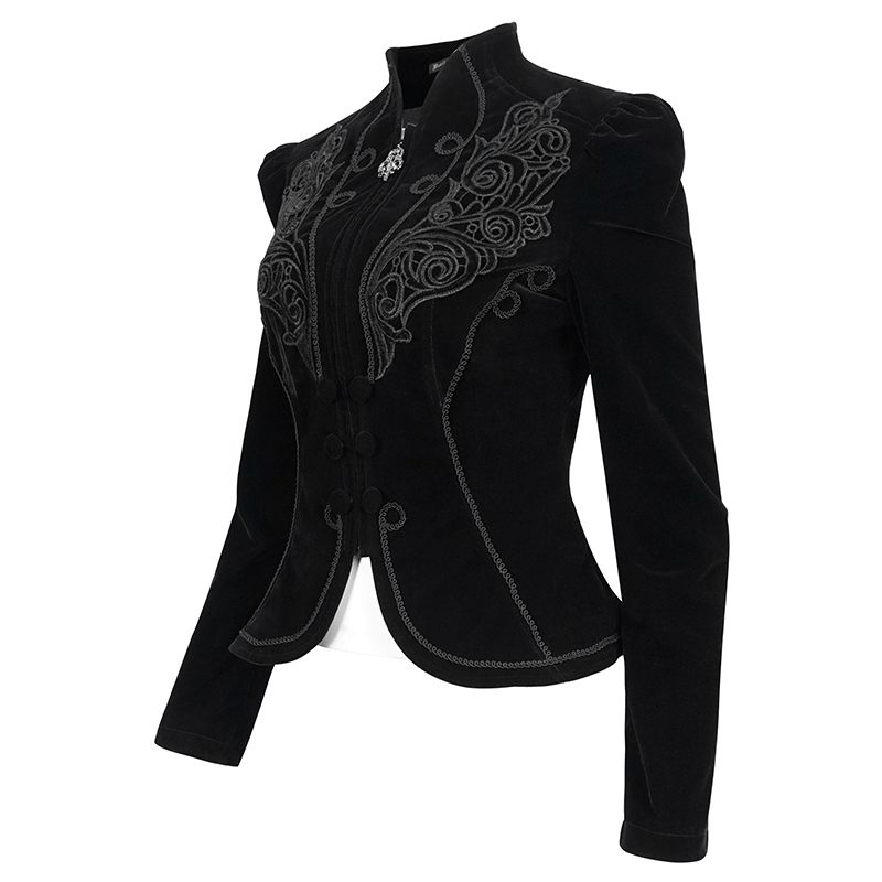 Gothic black velvet zipper jacket for women with lace appliqué and decorative buttons, perfect for vintage style.