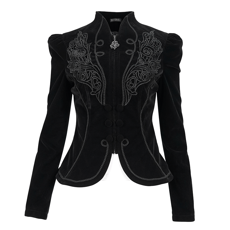 Gothic black velvet jacket for women featuring decorative lace appliqué and buttons, perfect for vintage styling.