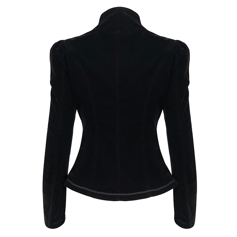 Back view of a women's black velvet gothic jacket with stylish silhouette and elegant detailing.