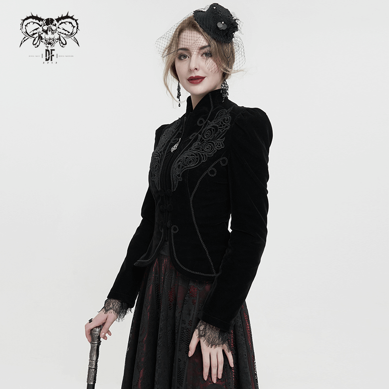 Gothic velvet black jacket for women with lace applique and decorative buttons, styled elegantly and perfect for vintage looks.