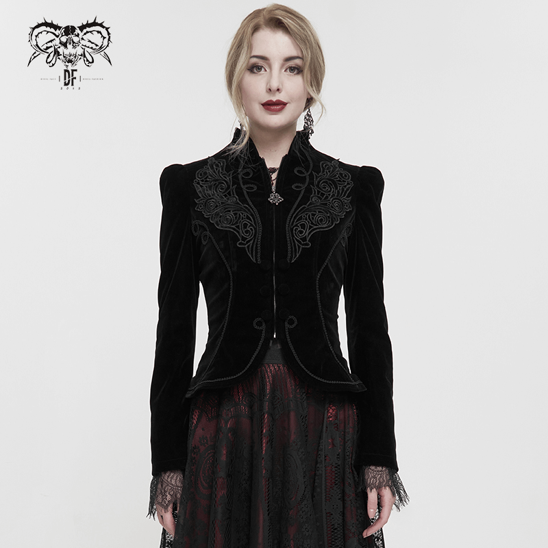 Gothic black velvet zipper jacket for women with lace appliqué and decorative buttons, stylish and vintage design.
