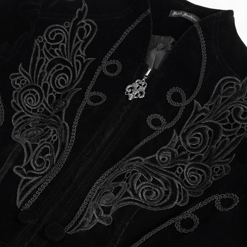 Gothic velvet black jacket for women with intricate lace appliqué and decorative buttons, showcasing stylish embroidery.