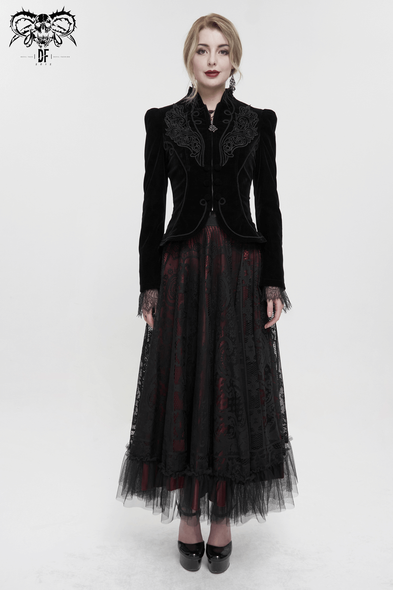 Chic Gothic velvet black zipper jacket for women, featuring lace appliqué and decorative buttons, paired with a flowing black skirt.