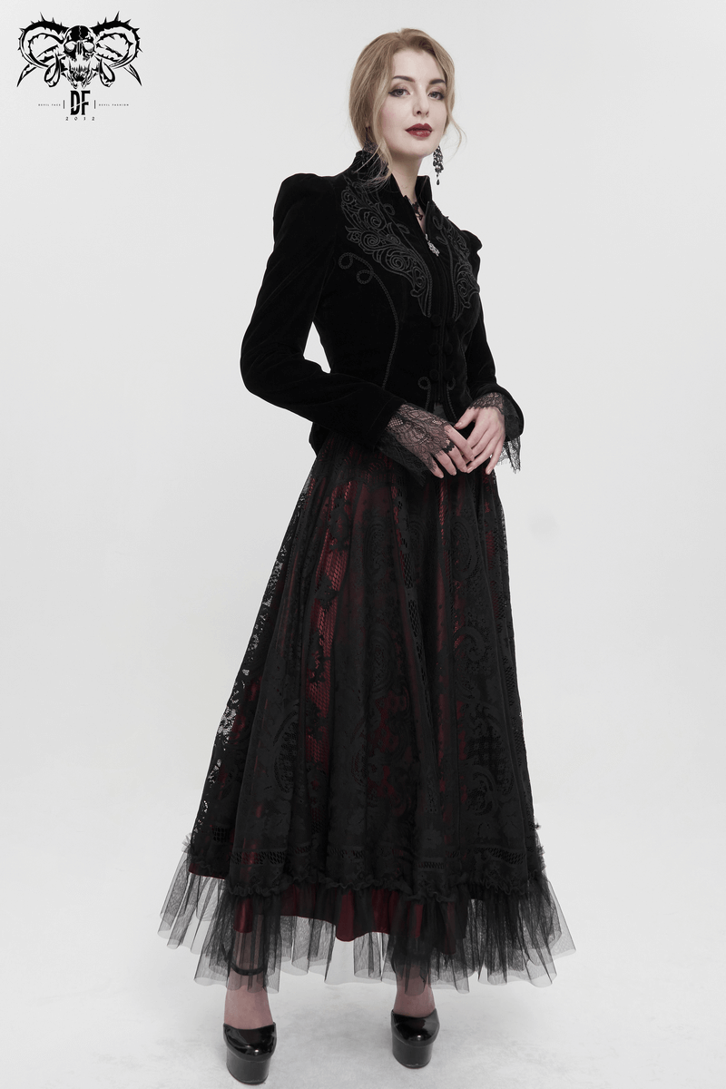 Gothic black velvet zipper jacket for women with lace appliqué, paired with a long skirt, perfect for vintage fashion lovers.