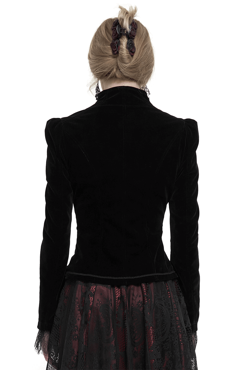 Back view of women's gothic velvet black jacket with lace appliqué and decorative buttons, showcasing elegant design.