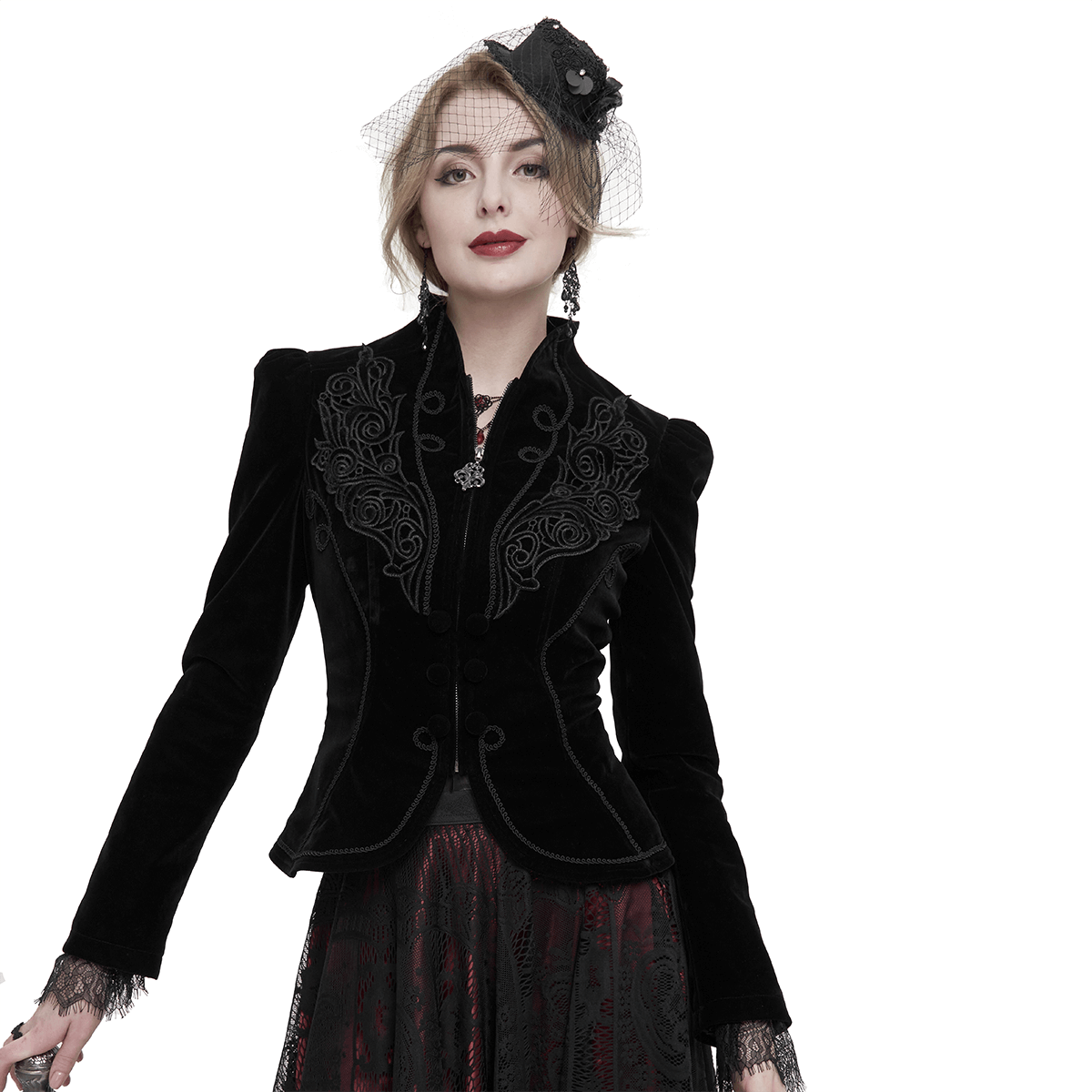 Gothic Velvet Zipper Black Jacket for Women / Vintage Jacket with Lace Applique and Decorative Buttons - HARD'N'HEAVY
