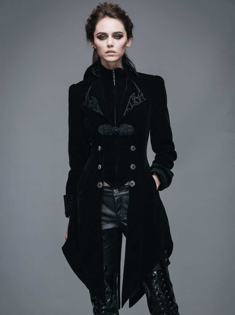 Gothic Vintage Female Black Trench Coat / Women's Steampunk Embroidery Printed Coat with Pockets - HARD'N'HEAVY