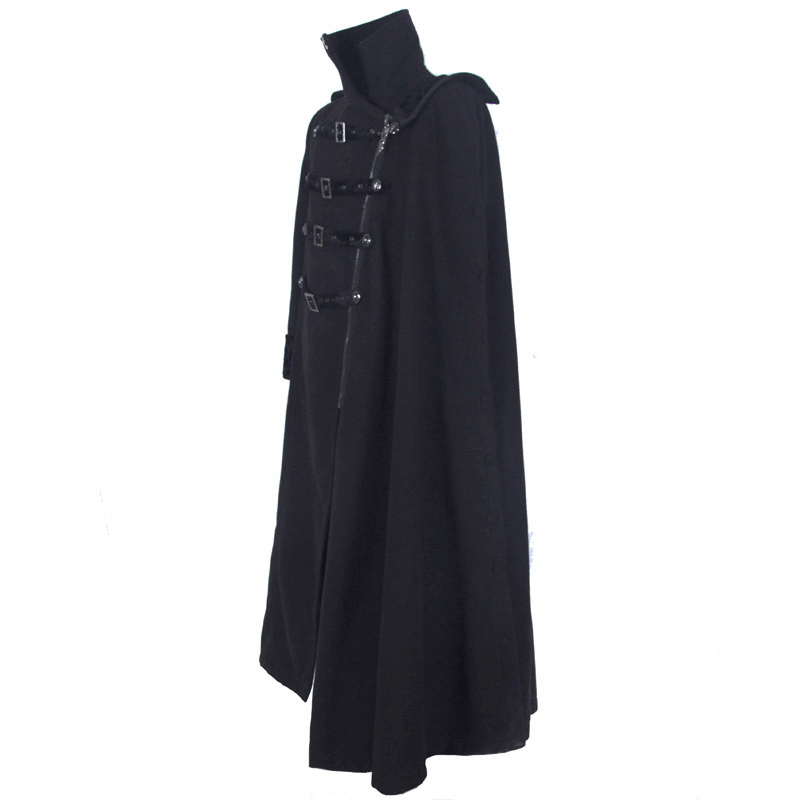 Gothic Vintage Long Coat with Straps and Buttons for Men / Black Stylish High Collar Coat - HARD'N'HEAVY