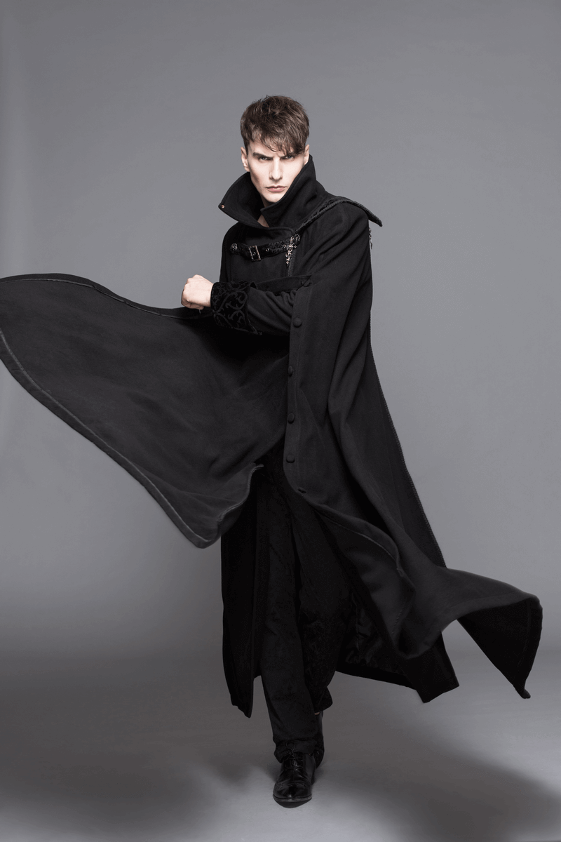 Gothic Vintage Long Coat with Straps and Buttons for Men / Black Stylish High Collar Coat - HARD'N'HEAVY