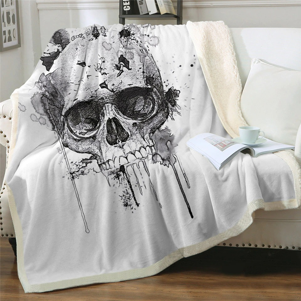 Gothic White Plush Blanket With 3D Print of Skull / Unisex Warm Blankets with Sherpa - HARD'N'HEAVY