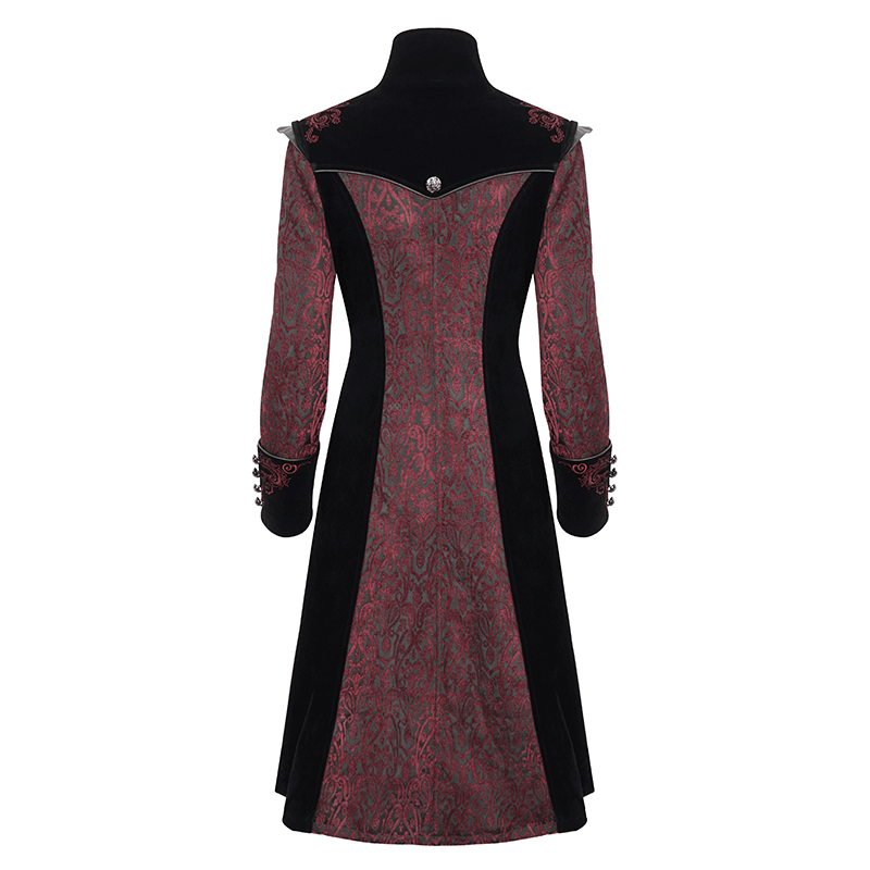 Gothic wine red and black vintage women's coat with stand collar and floral embroidery, showcasing stylish elegance.