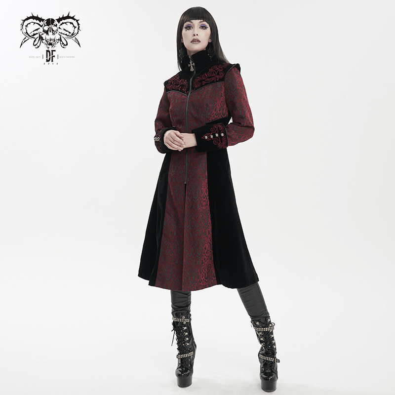 Gothic wine red and black vintage women's coat with floral embroidery and stand collar, showcasing unique gothic style.