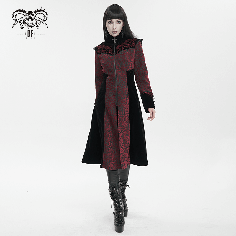 Gothic wine red and black vintage women's coat with floral embroidery and stand collar, perfect for unique style.