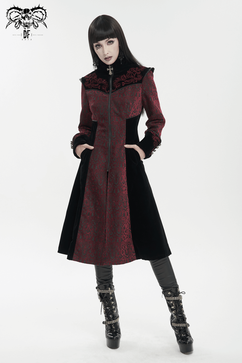 Gothic wine red and black vintage women's coat with floral embroidery, featuring a stylish stand collar and chic silhouette.