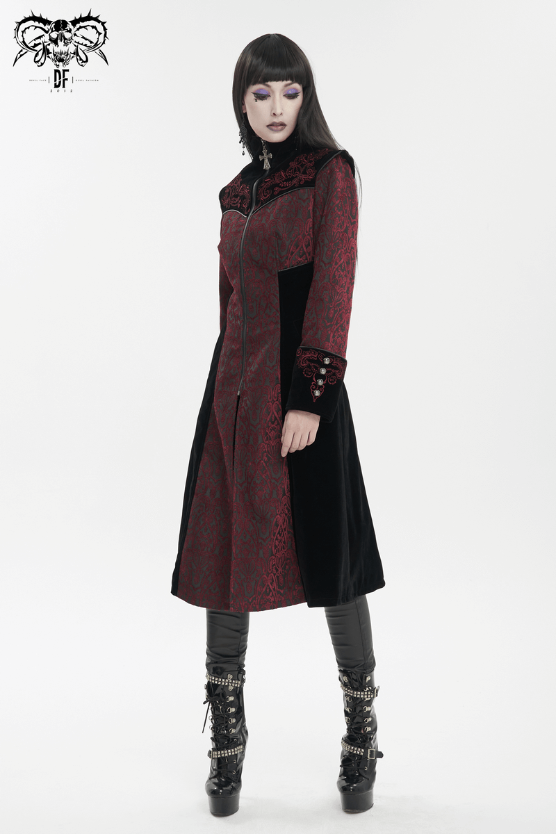 Gothic Wine Red and Black Coat / Vintage Women's Stand Collar Floral Embroidered Coat