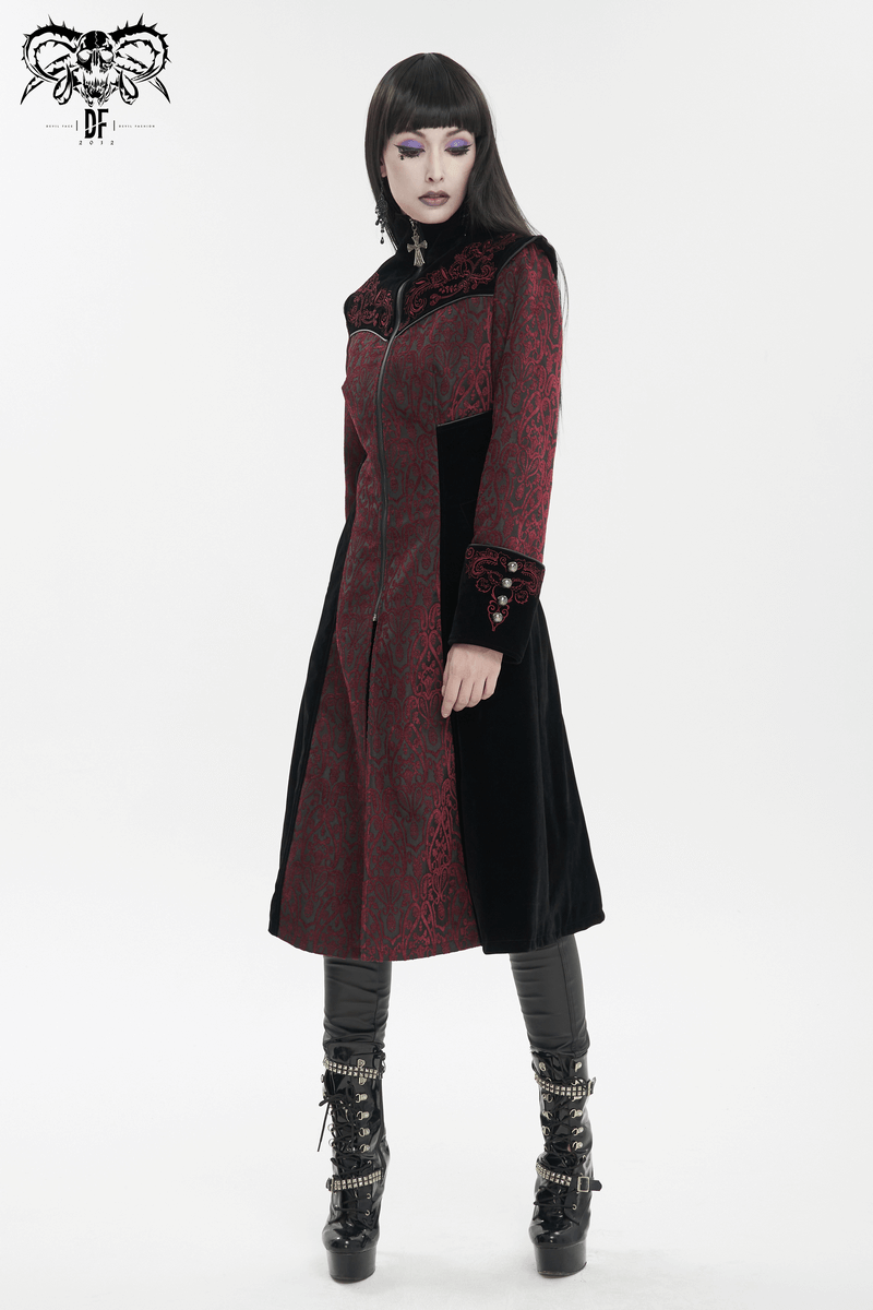 Gothic wine red and black vintage women's coat with floral embroidery and stand collar, showcasing stylish gothic fashion.