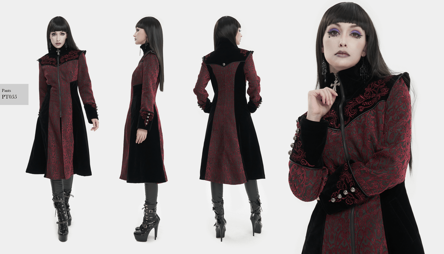 Gothic wine red and black vintage coat with floral embroidery and stand collar, stylish women's outerwear.