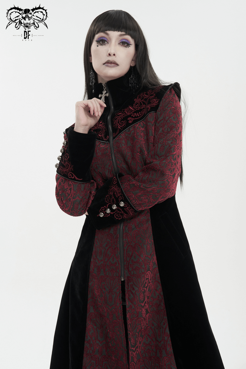 Gothic vintage women's coat in wine red and black with floral embroidery and stand collar, showcasing unique gothic style.