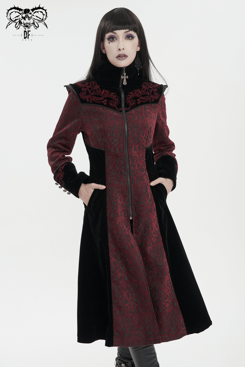 Gothic wine red and black vintage women's coat with floral embroidery and stand collar, stylish and elegant.