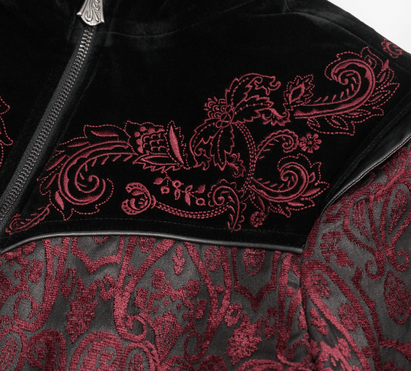 Close-up of gothic wine red and black coat with intricate floral embroidery and stylish stand collar.
