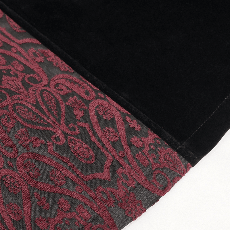 Close-up of Gothic wine red and black floral embroidered coat showcasing intricate fabric details.