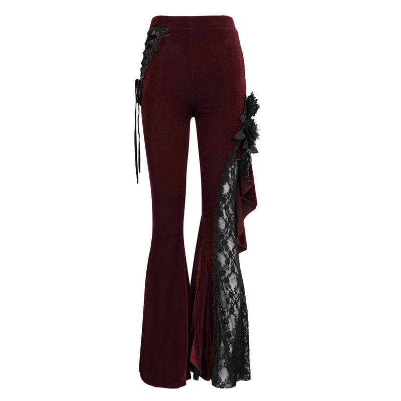 Gothic wine red flared trousers with lace-up accents and floral details for a sexy, stylish look.