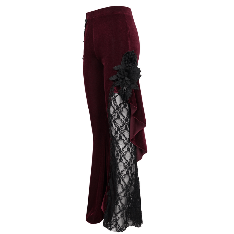 Gothic wine red flare trousers with lace-up accents and floral detail, perfect for a stylish, sexy look.