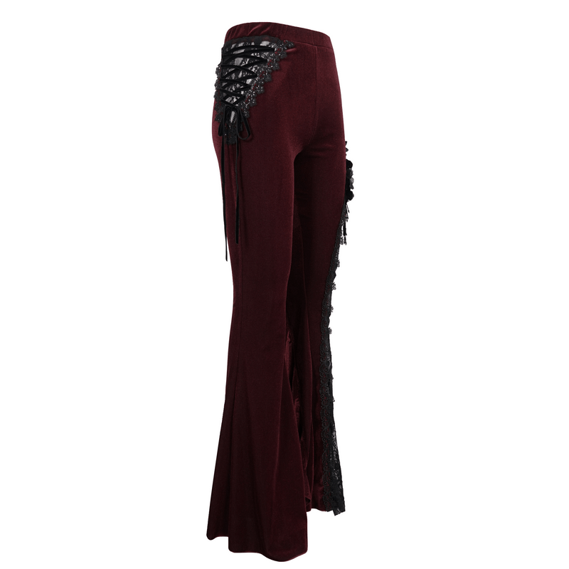 Wine red Gothic flared trousers featuring lace-up accents on the sides, perfect for a sexy and trendy look.